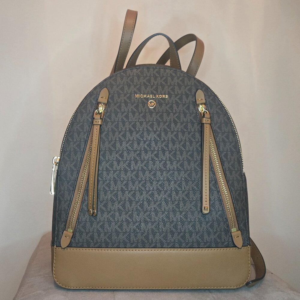 Michael Kors Brooklyn Medium Logo Backpack Purse Brown MK Monogram Leather - Picture 6 of 9